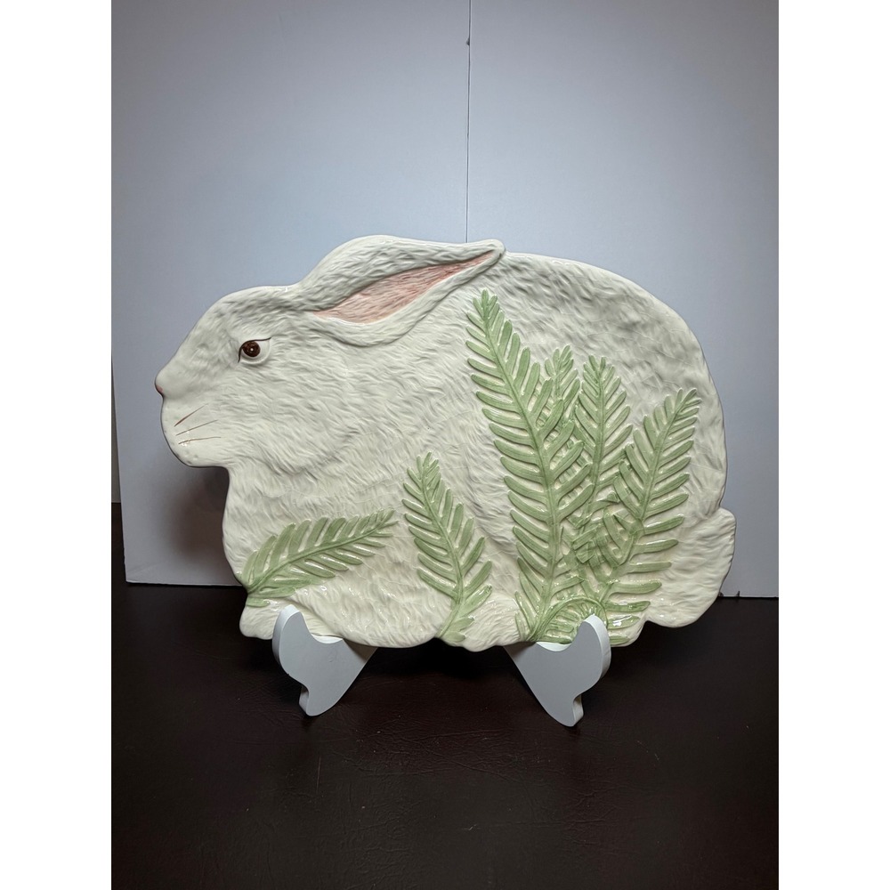 Mud Pie 2000 Rabbit & Fern 15" Serving Platter Easter Bunny Y2K Ceramic